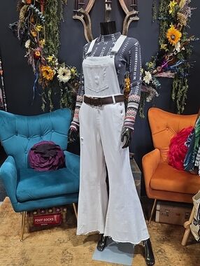 Aaron & Amber White Denim Wide-Leg Bell Overalls Jumpsuit